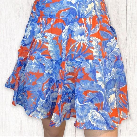 J. Crew Women's Sz. 2 Orange Blue Floral 100% Cotton Mini Skirt Yoke Waist Boho - Picture 3 of 11